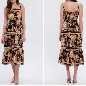 Chic Floral Midi Dress in Black and Orange